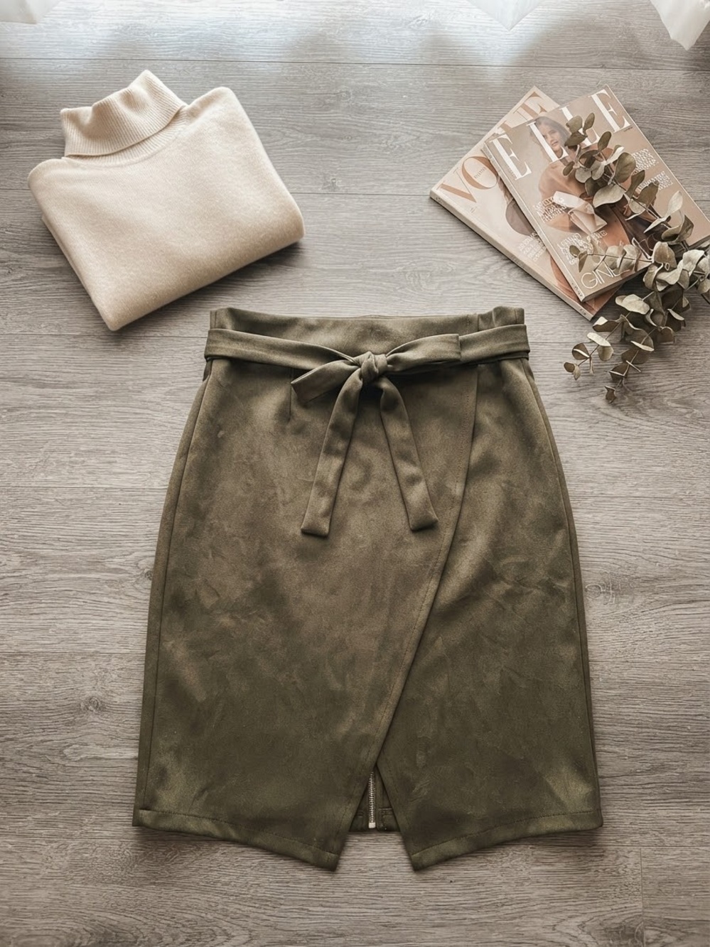 FAVLUX Olive Green Wrap Pencil Skirt with Tie